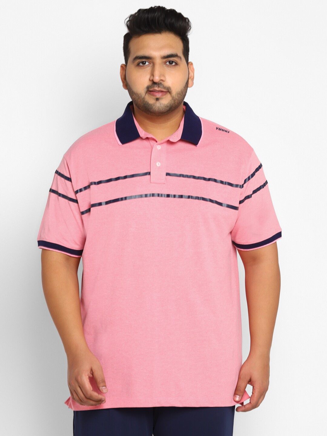 Yuuki Men Plus Size Pink Striped Polo Collar Polyester T-shirt