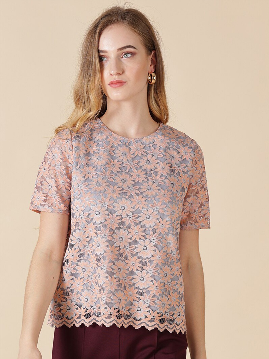 

Gipsy Women Coral & Grey Floral Net Top