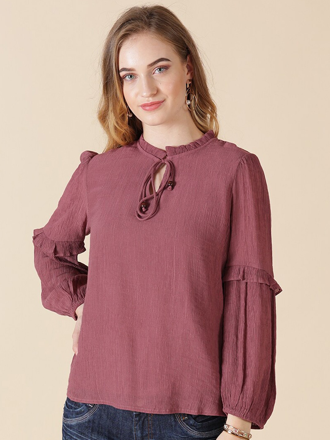 

Gipsy Women Magenta Tie-Up Neck Top