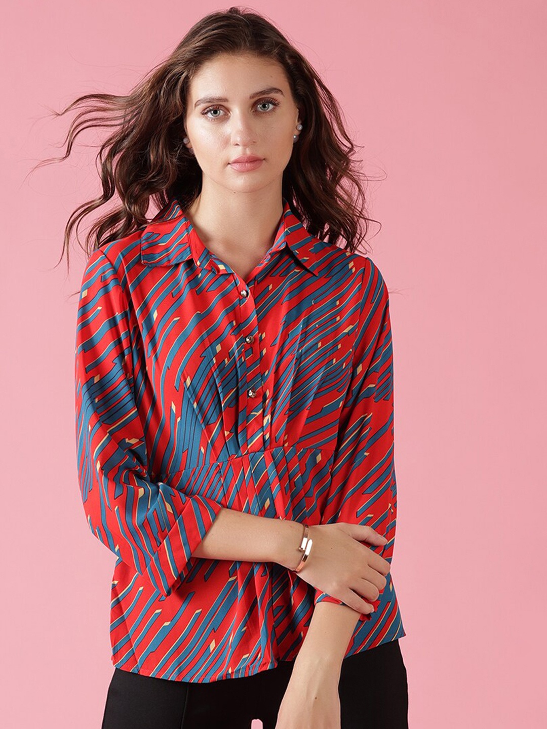 

Gipsy Women Red & Blue Geometric Striped Polyester Shirt Style Top