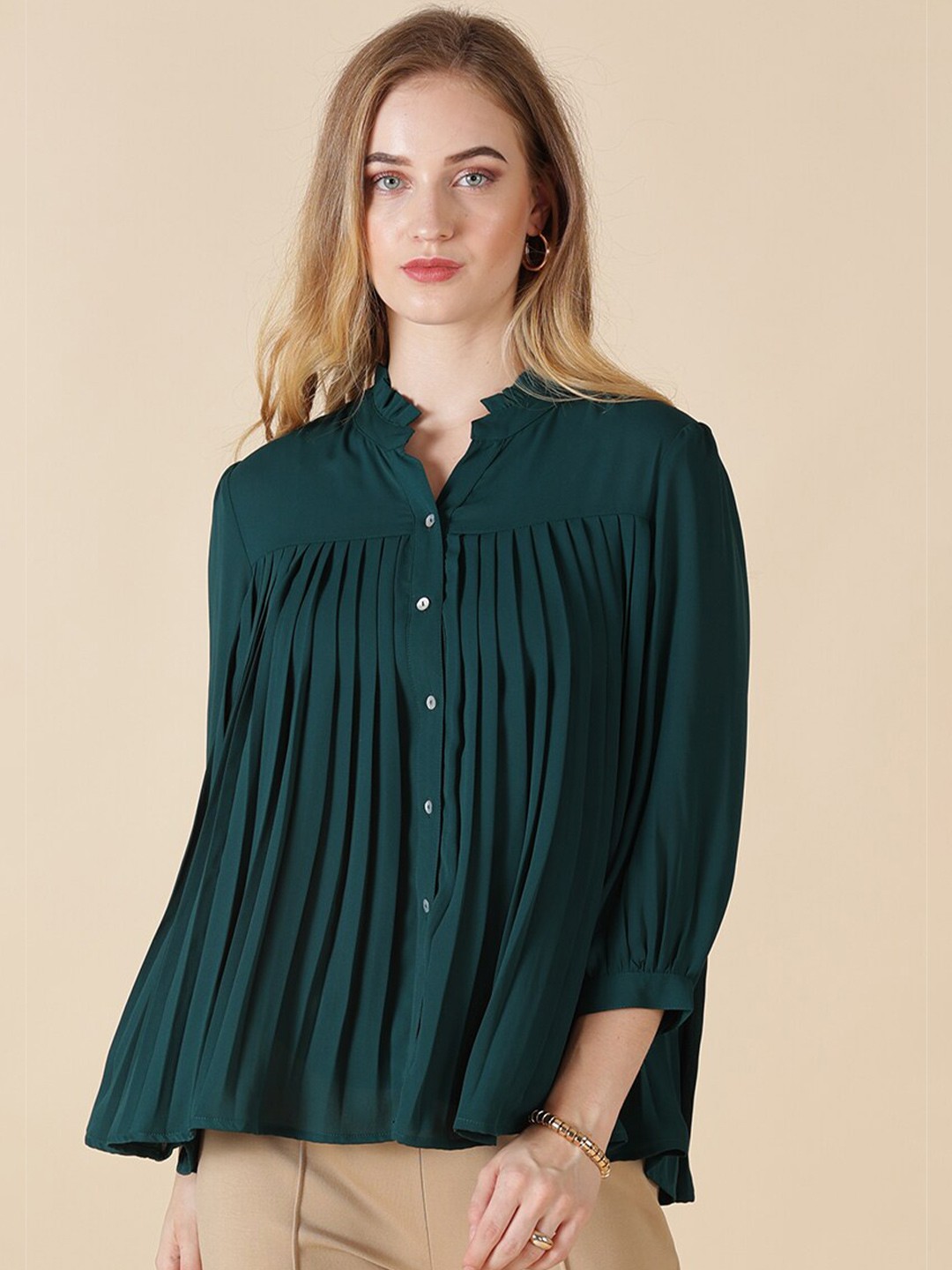 

Gipsy Women Green Mandarin Collar Shirt Style Top