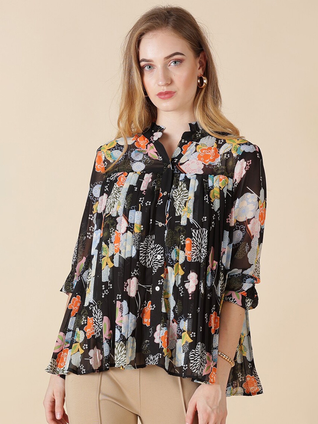 

Gipsy Black Floral Print Mandarin Collar Top