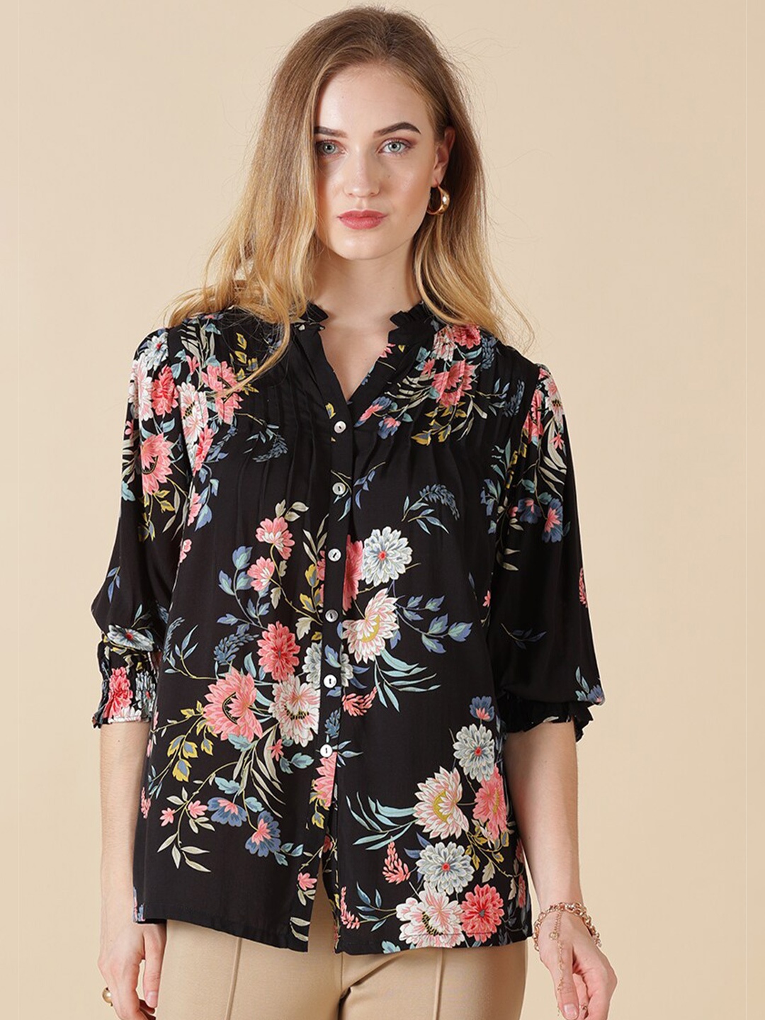 

Gipsy Black & Pink Floral Print Mandarin Collar Shirt Style Top