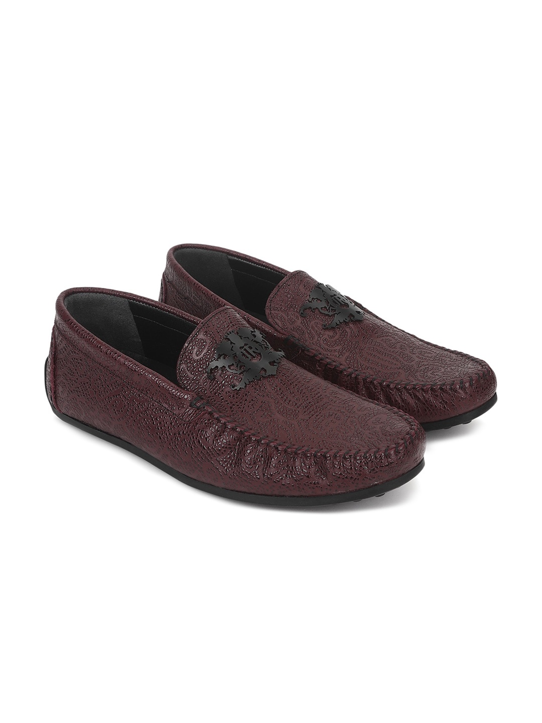 

JOHN RICHARDO Men Textured Leather Loafers, Maroon
