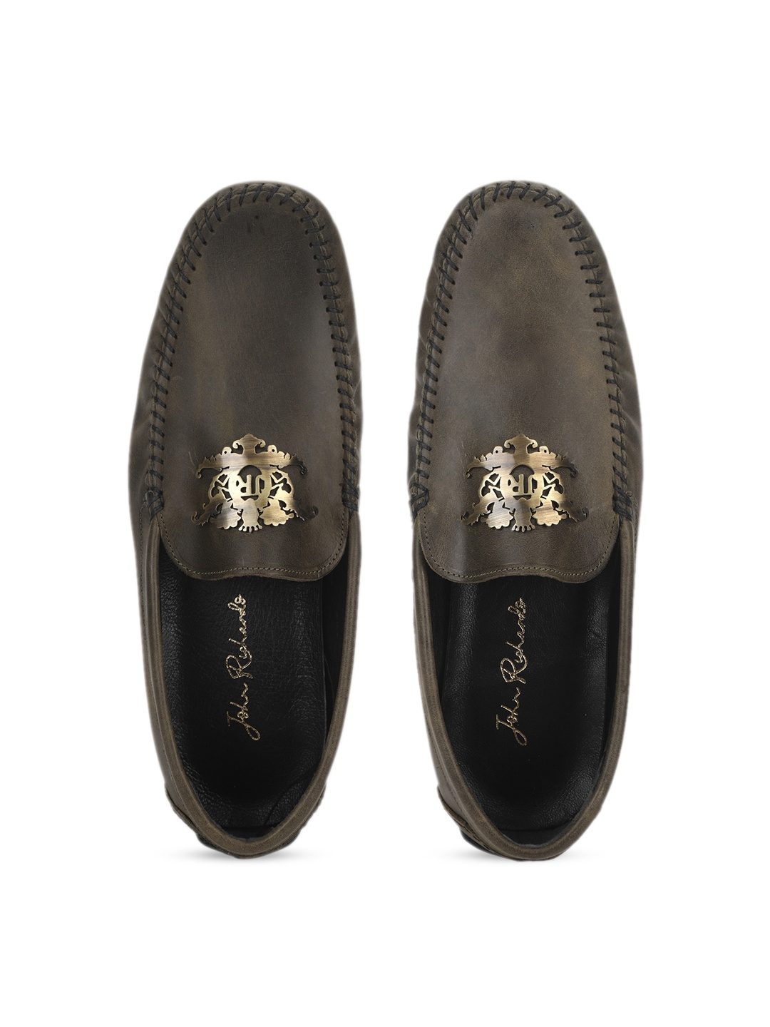 

JOHN RICHARDO Men Green Leather Loafers With Filigree Logo