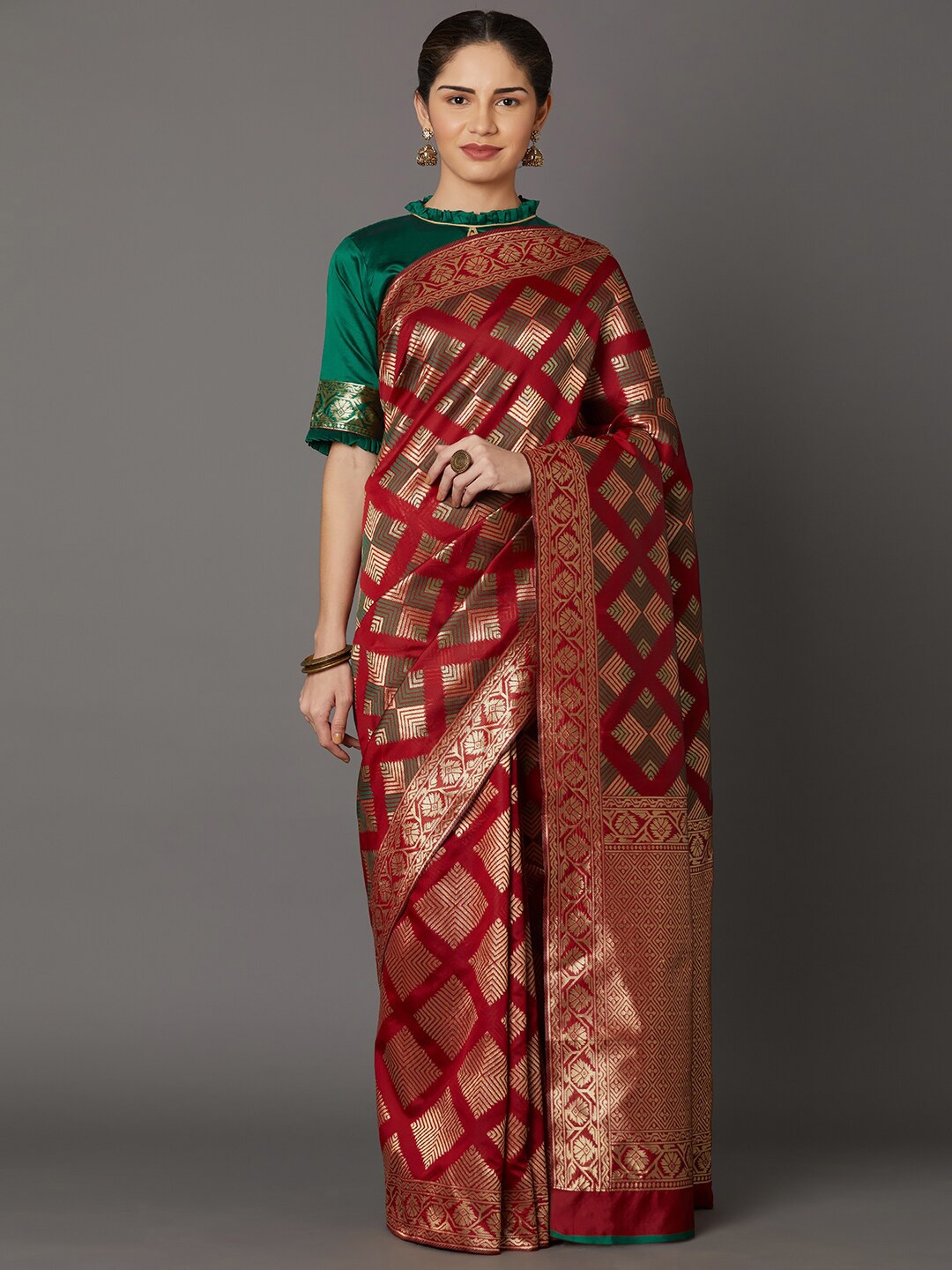 

Mitera Red & Green Ethnic Motifs Zari Silk Blend Banarasi Saree