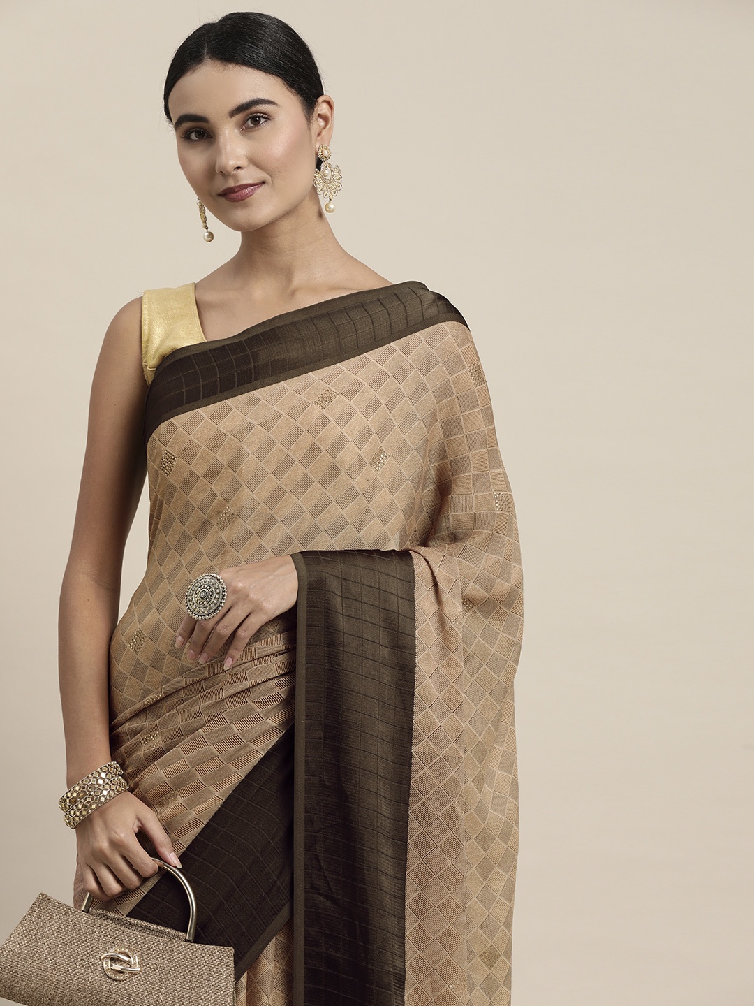 

Pothys Beige & Peach-Coloured Checked Pure Chiffon Saree