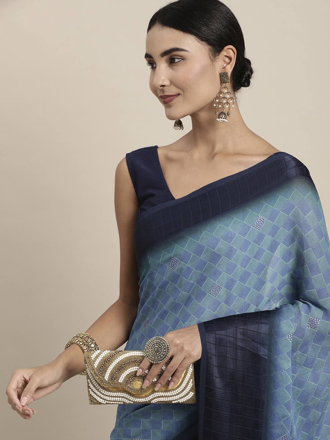 

Pothys Navy Blue Checked Stones Detail Pure Chiffon Saree with Blouse