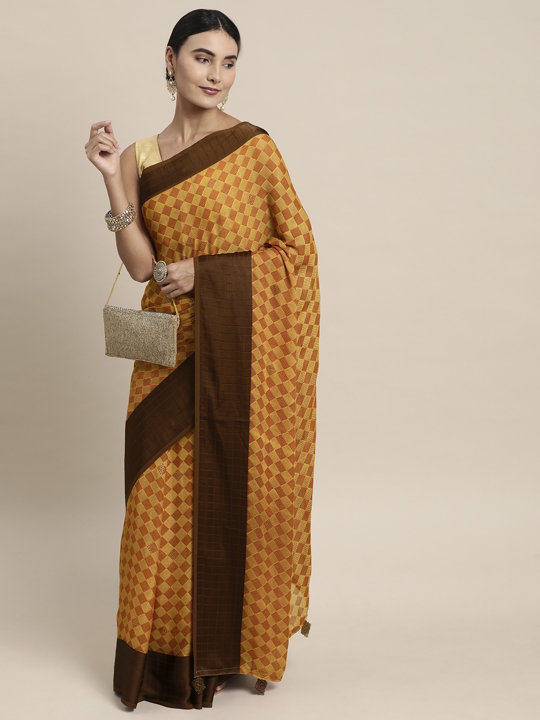 

Pothys Mustard & Orange Checked Pure Chiffon Saree