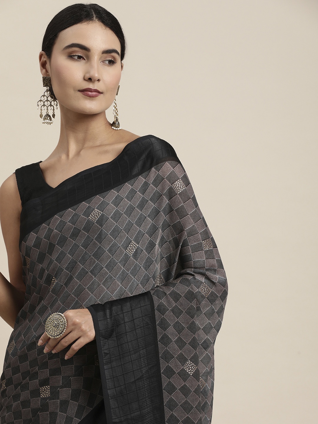 

Pothys Charcoal Checked Grey Stones Detail Pure Chiffon Saree with Blouse