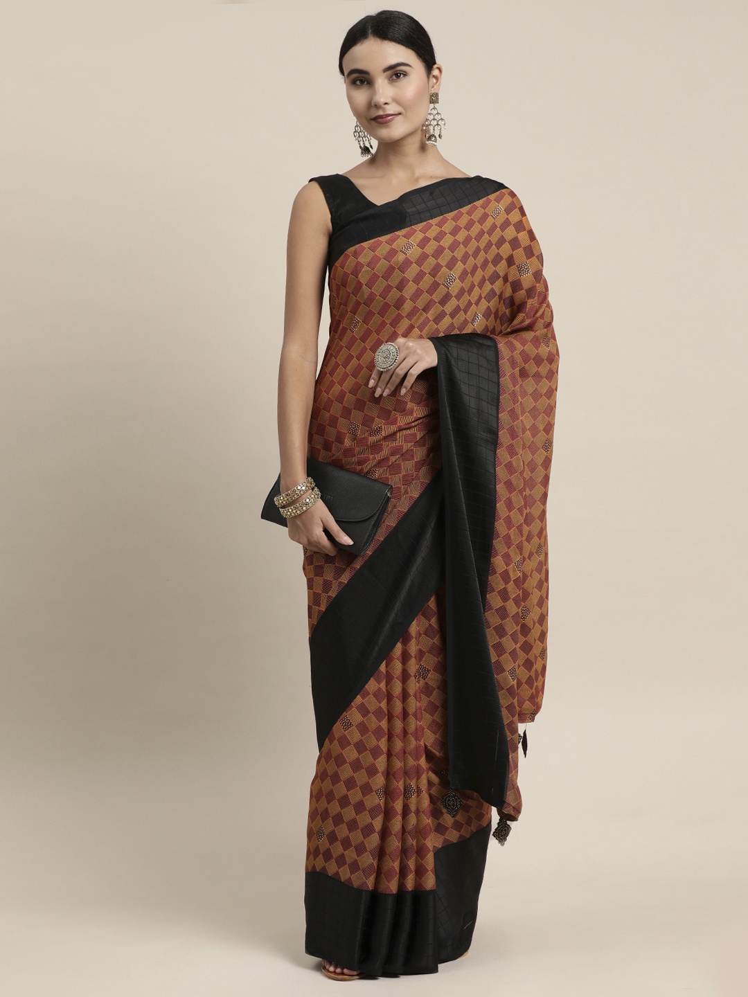 

Pothys Orange & Black Checked Pure Chiffon Saree