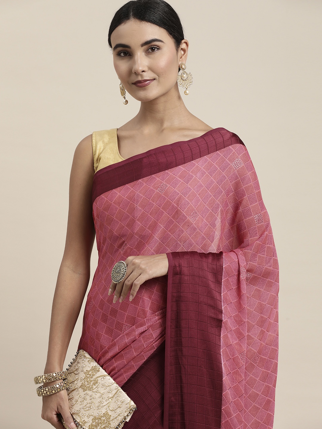 

Pothys Peach-Coloured & Maroon Checked Pure Chiffon Saree