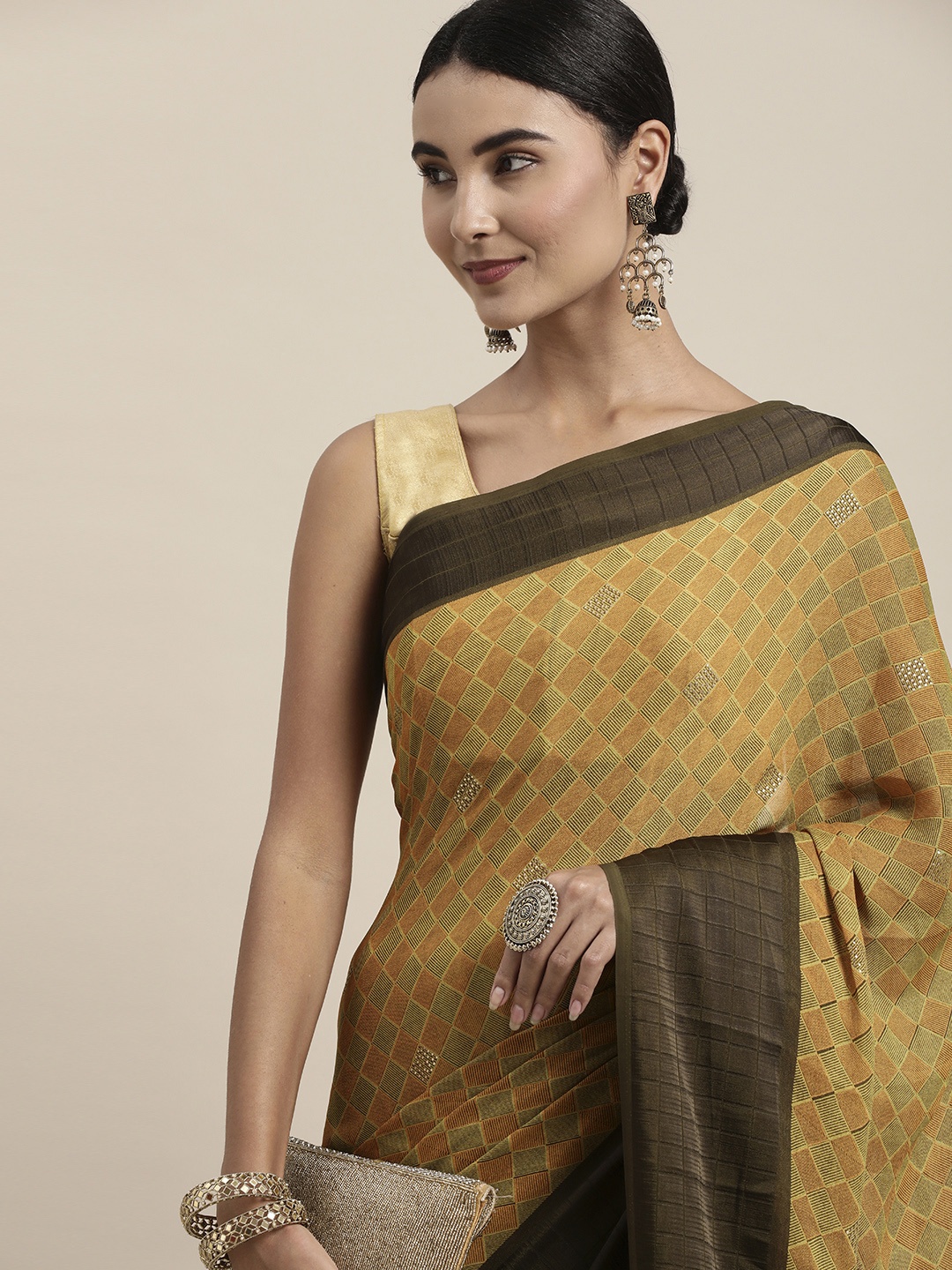 

Pothys Mustard Green Checked Stones Detail Pure Chiffon Saree with Blouse