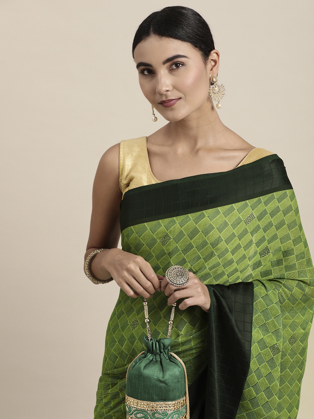 

Pothys Green Checked Pure Chiffon Saree