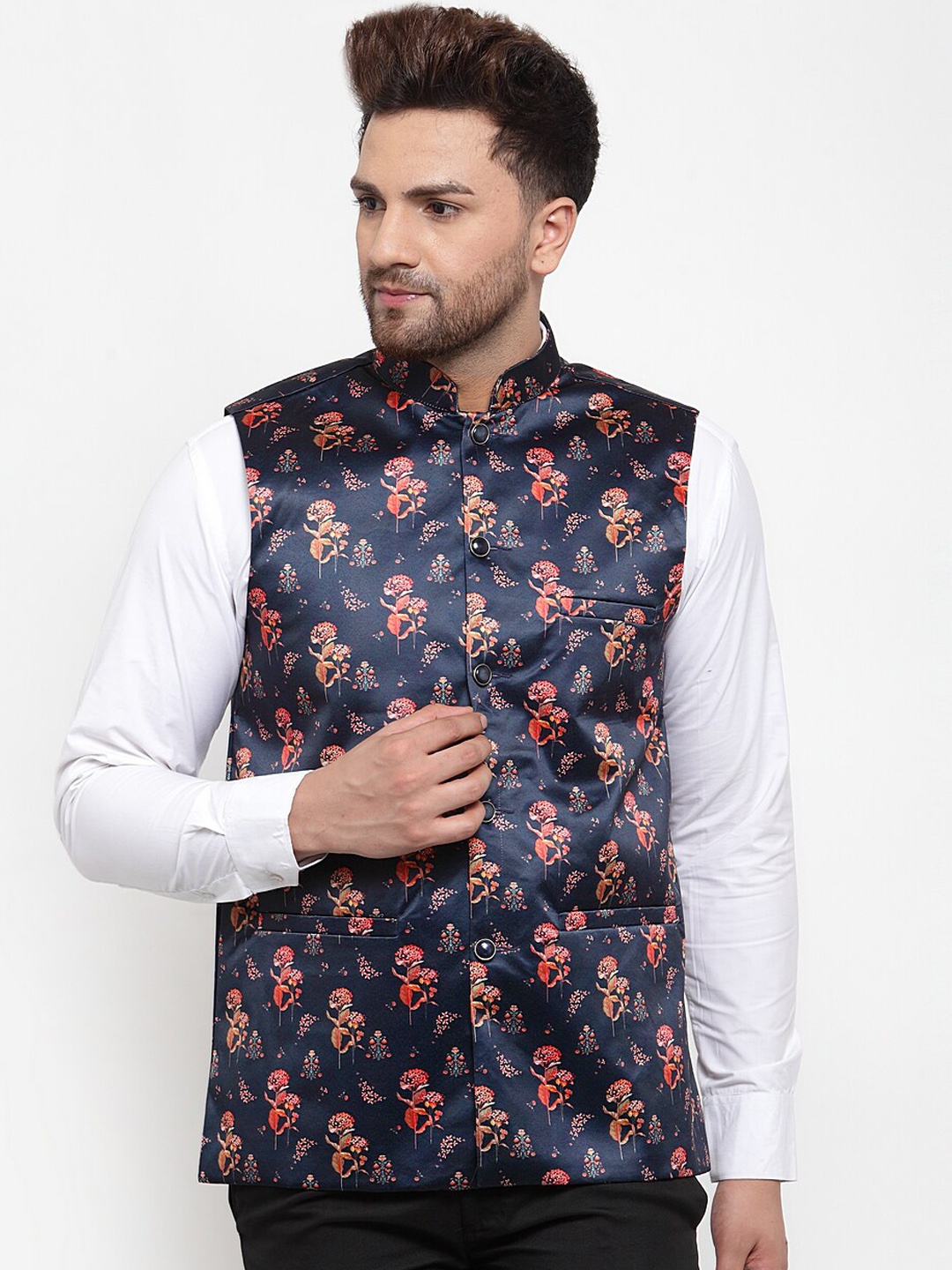 

Jompers Men Navy Blue & Orange Floral Printed Nehru Jacket