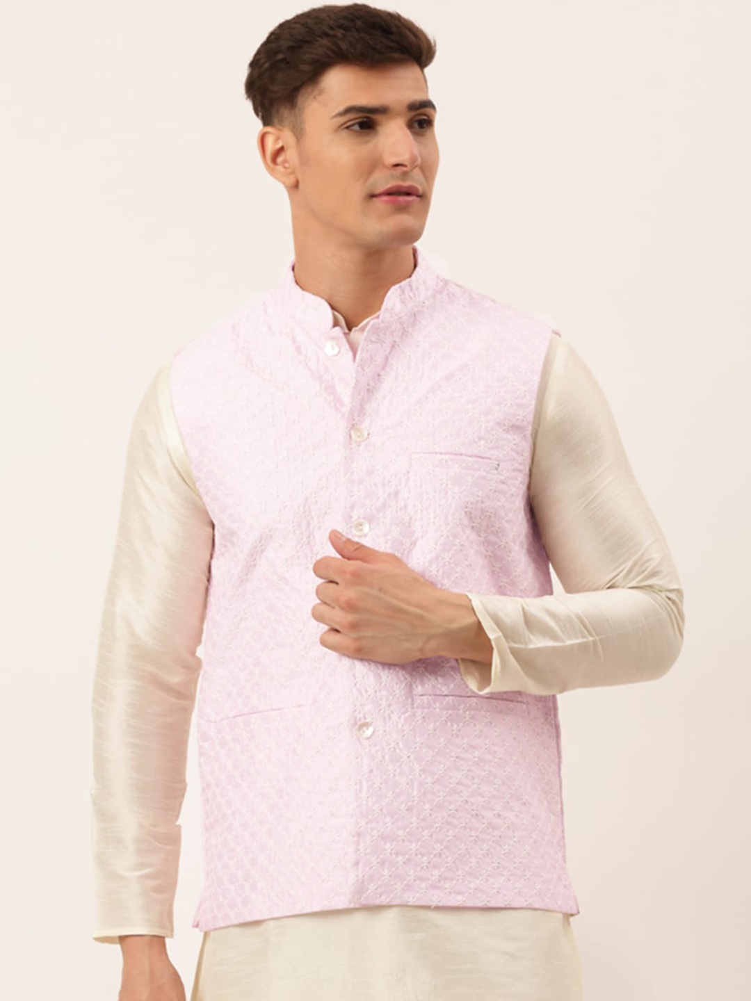 

Jompers Men Pink & White Embroidered Nehru Jacket