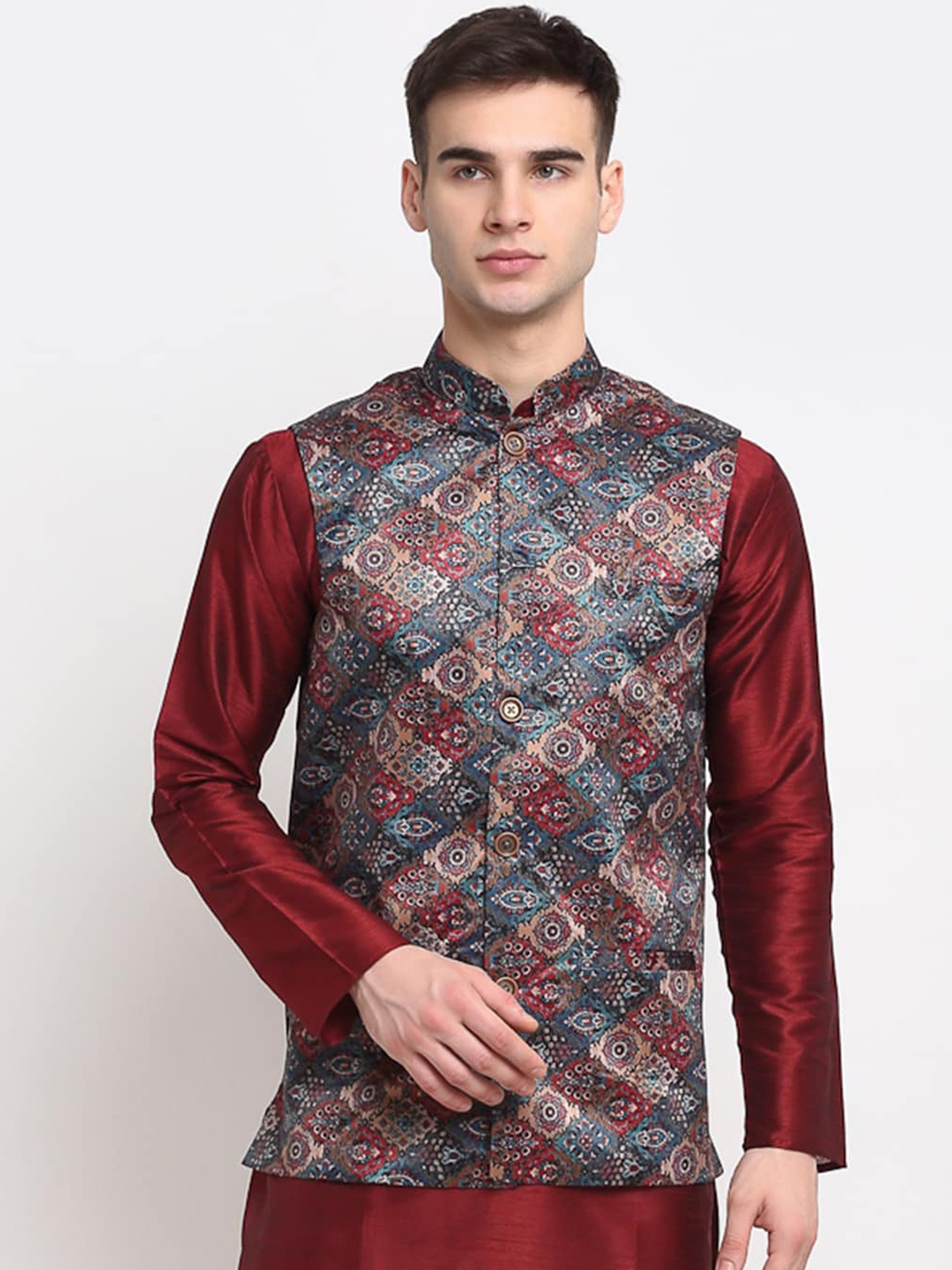 

Jompers Men Blue & Red Digital Printed Satin Nehru Jacket