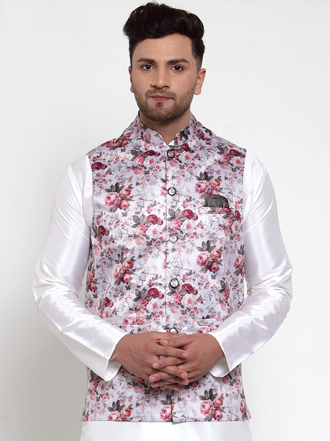 

Jompers Men Silver & Pink Floral Printed Satin Nehru Jacket