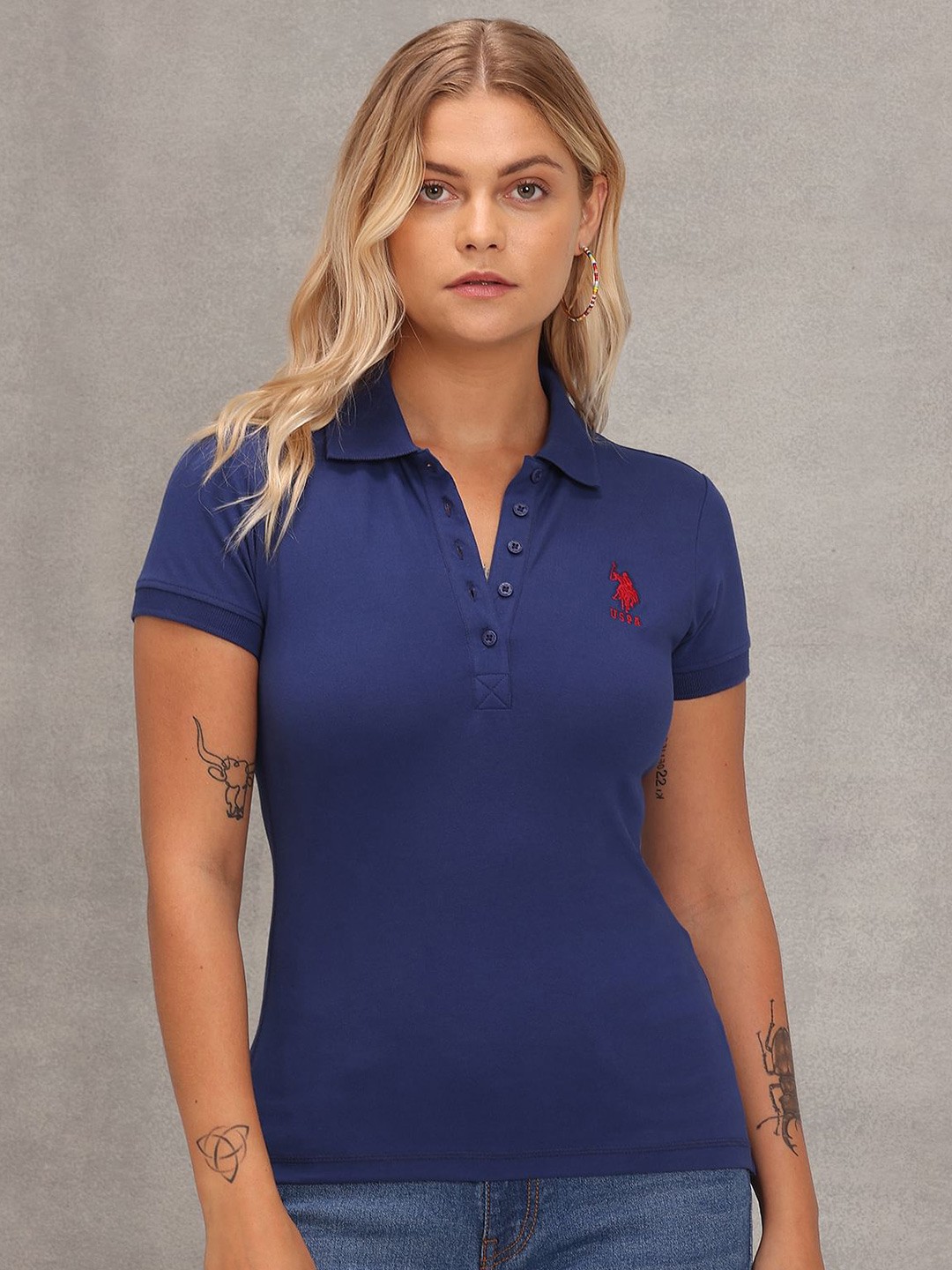 

U S Polo Assn Women Navy Blue Polo Collar Slim Fit T-shirt
