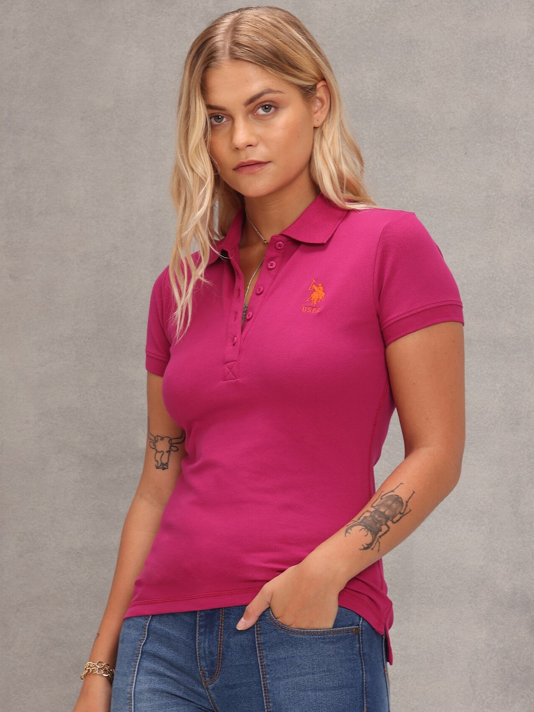 

U S Polo Assn Women Fuchsia Polo Collar Applique Slim Fit T-shirt