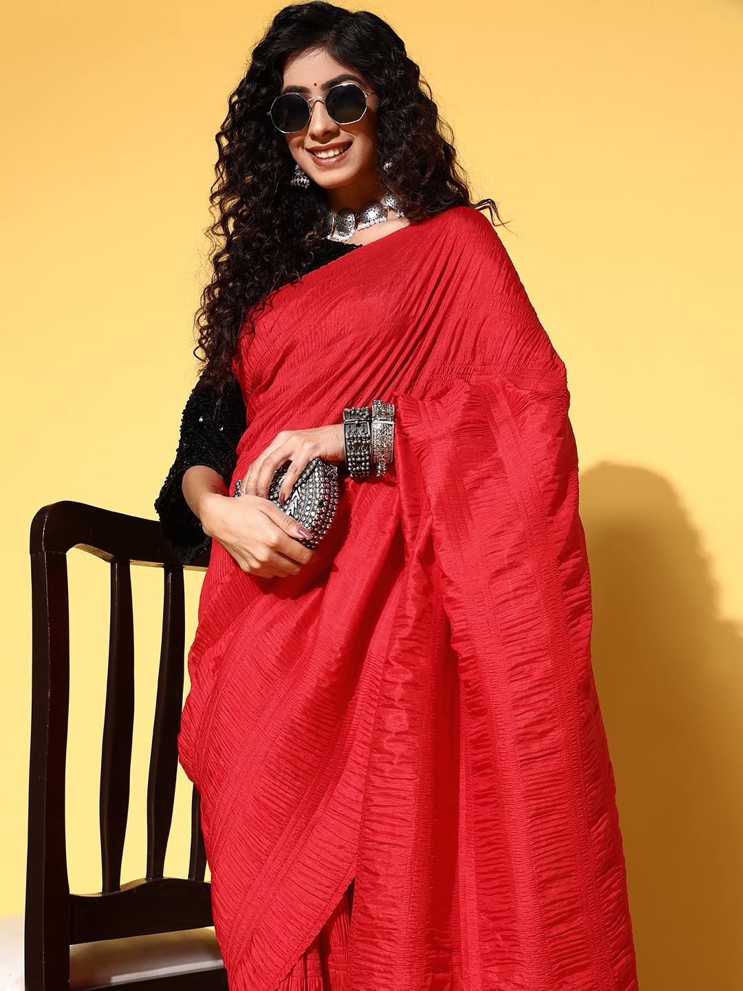 

Tikhi Imli Red Pleated Saree