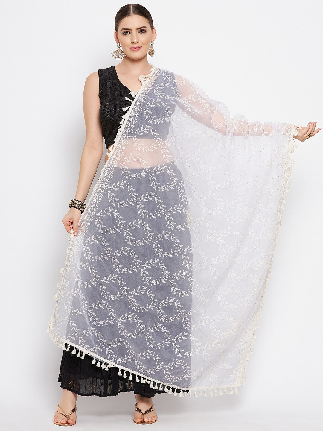 

Clora Creation Off White Embroidered Organza Dupatta With Sequinned