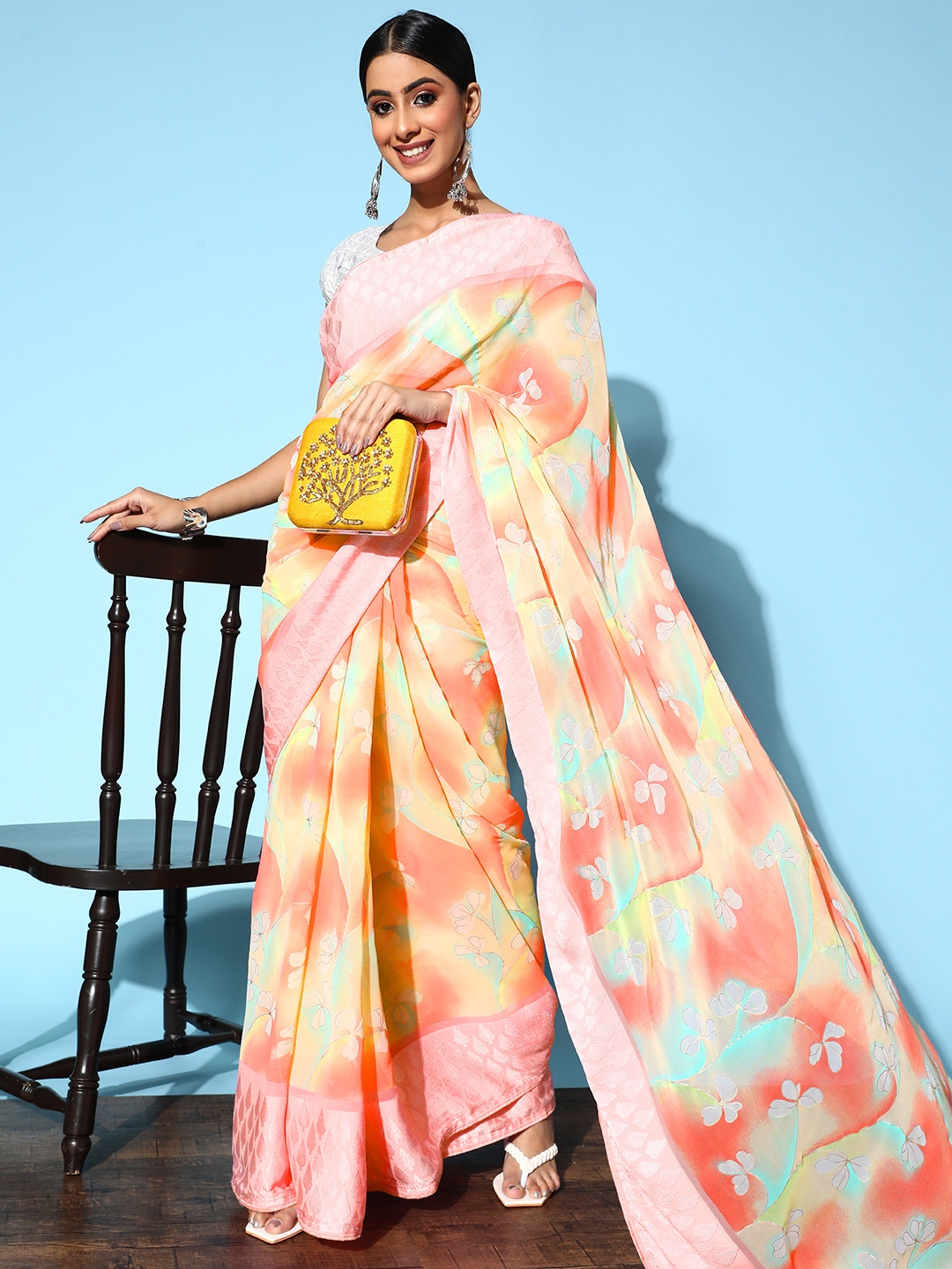 

Tikhi Imli Pink & Yellow Floral Digital Printed Saree