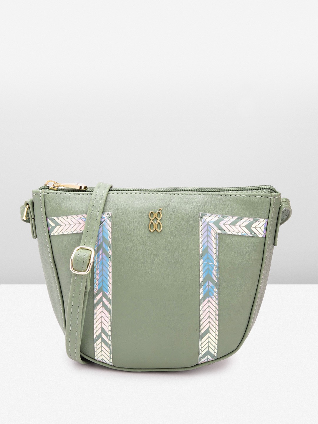 

Baggit Women Geometric Printed Detail Structured Sling Bag, Green