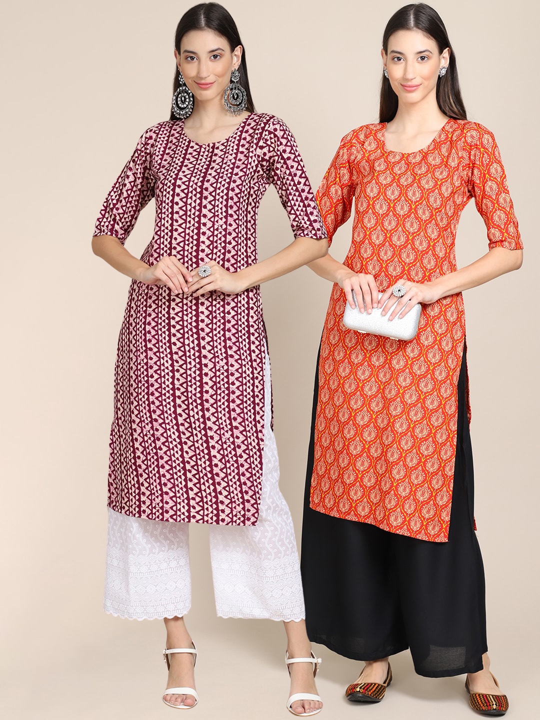 

7Threads Women Pack Of 2 Orange & Maroon Ethnic Motifs Printed Crepe Kurta