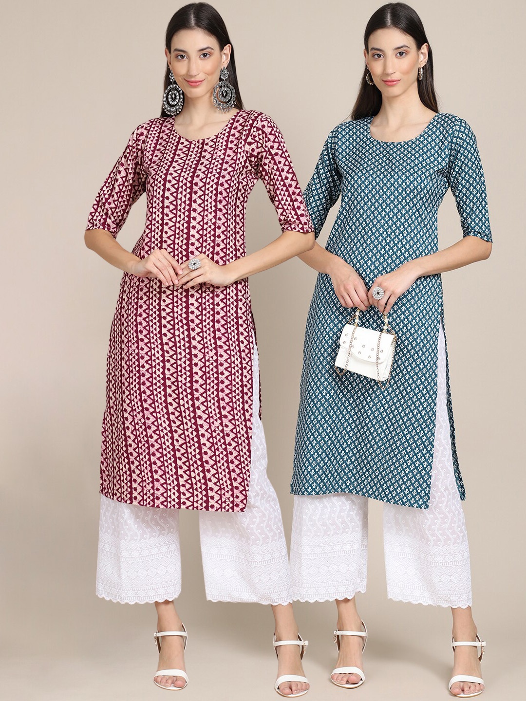 

7Threads Women Pack Of 2 Maroon & Blue Geometric Printed Crepe Kurta