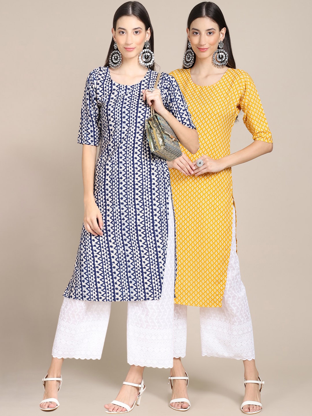 

7Threads Women Pack of 2 Blue & Yellow Printed Handloom Crepe Kurta
