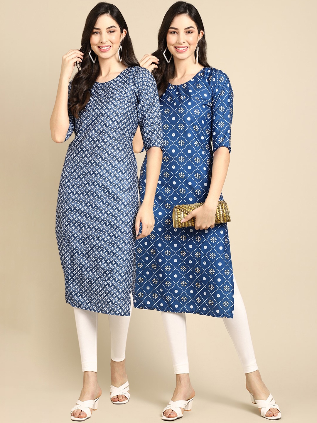 

7Threads Women Pack of 2 Block Print Handloom Crepe Kurta, Blue