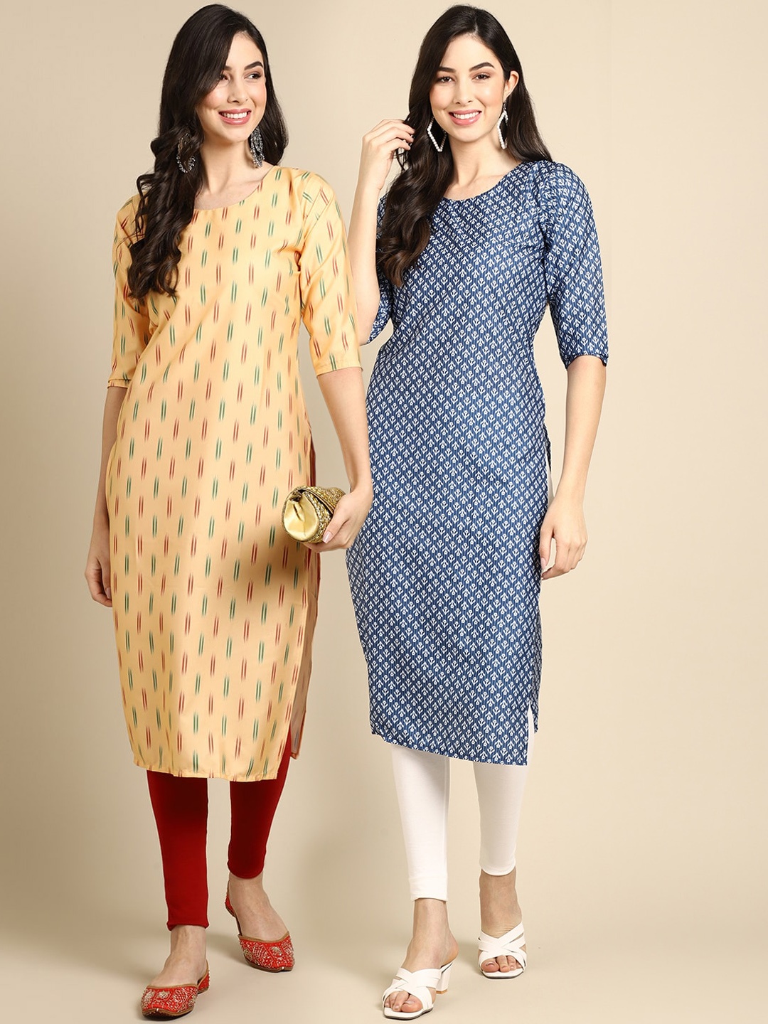 

7Threads Women Pack Of 2 Yellow & Blue Geometric Striped Crepe Kurta