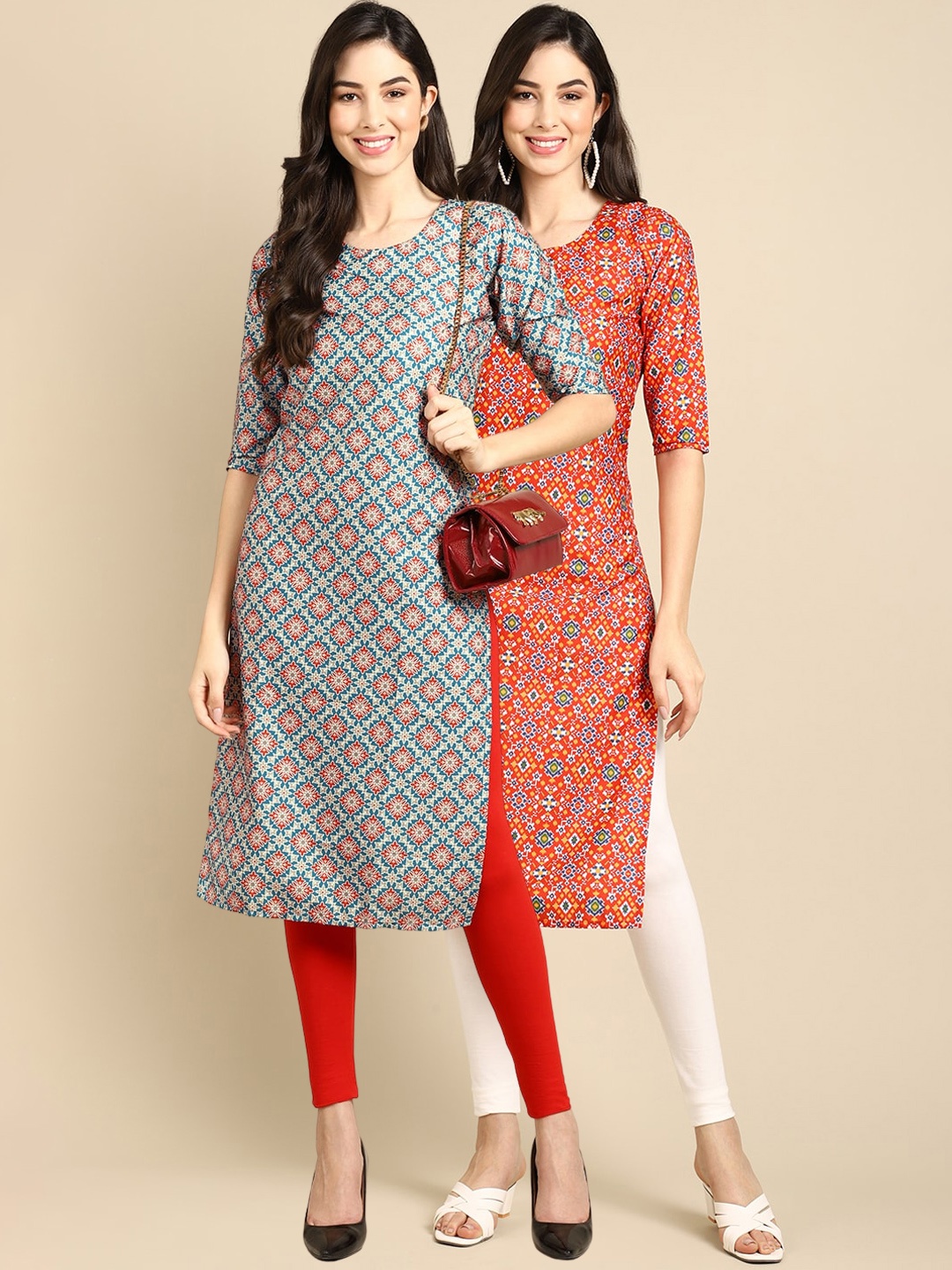 

7Threads Women Red & Blue Pack Of 2 Ethnic Motifs Printed Crepe Kurta