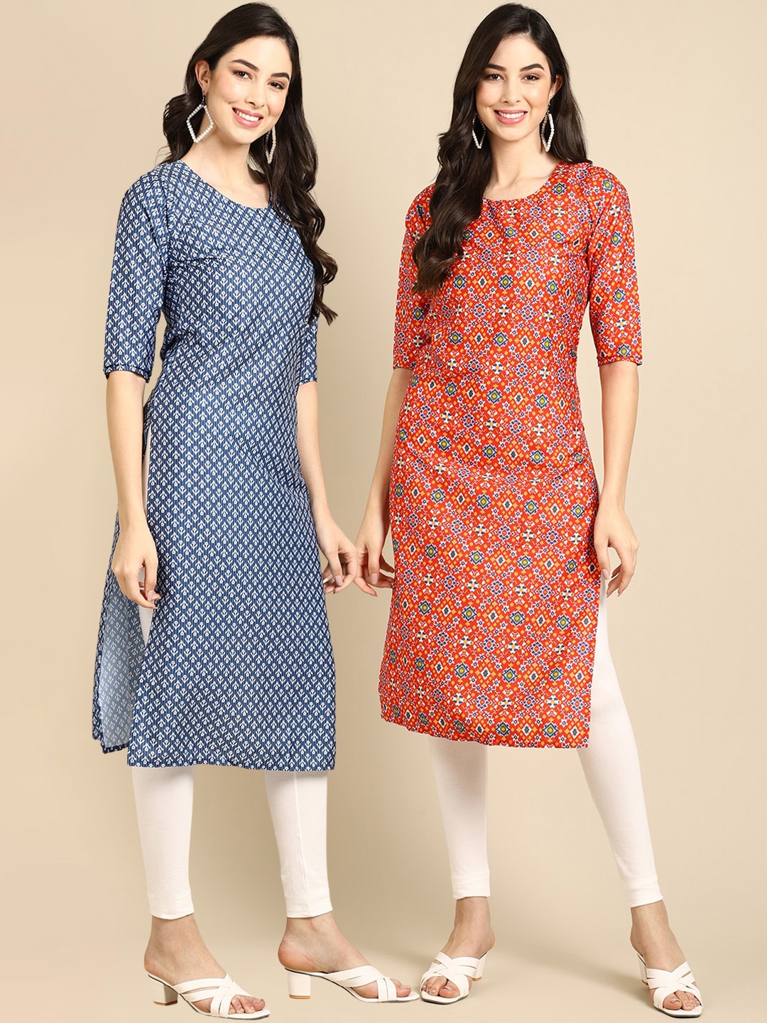 

7Threads Women Pack Of 2 Red & Blue Ethnic Motifs Printed Block Print Crepe Kurta