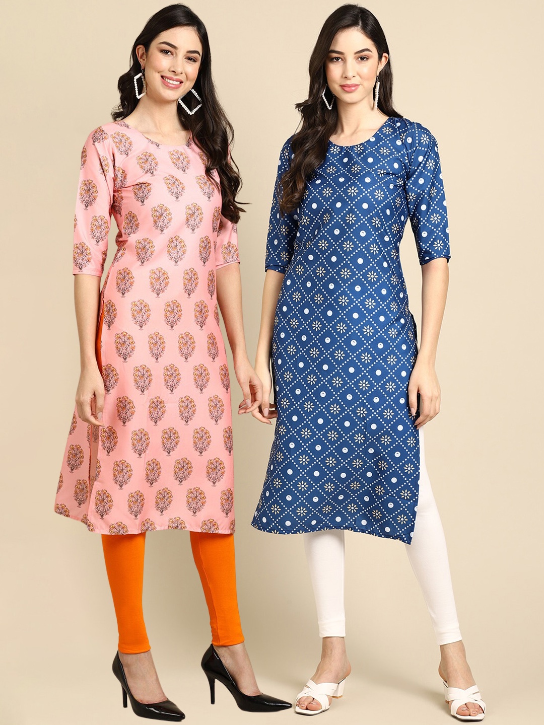 

7Threads Women Pack of 2 Coral & Blue Ethnic Motifs Printed Crepe Kurta