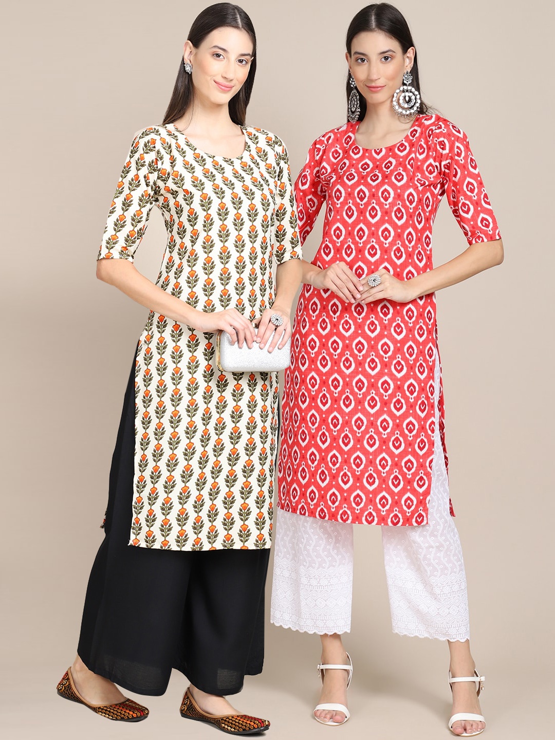 

7Threads Women Cream-Coloured & Peach-Coloured Ethnic Motifs Printed Crepe Kurta