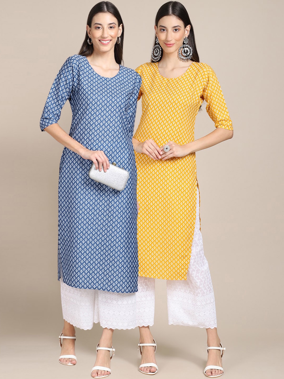 

7Threads Women Pack Of 2 Blue & Yellow Ethnic Motifs Printed Crepe Kurta
