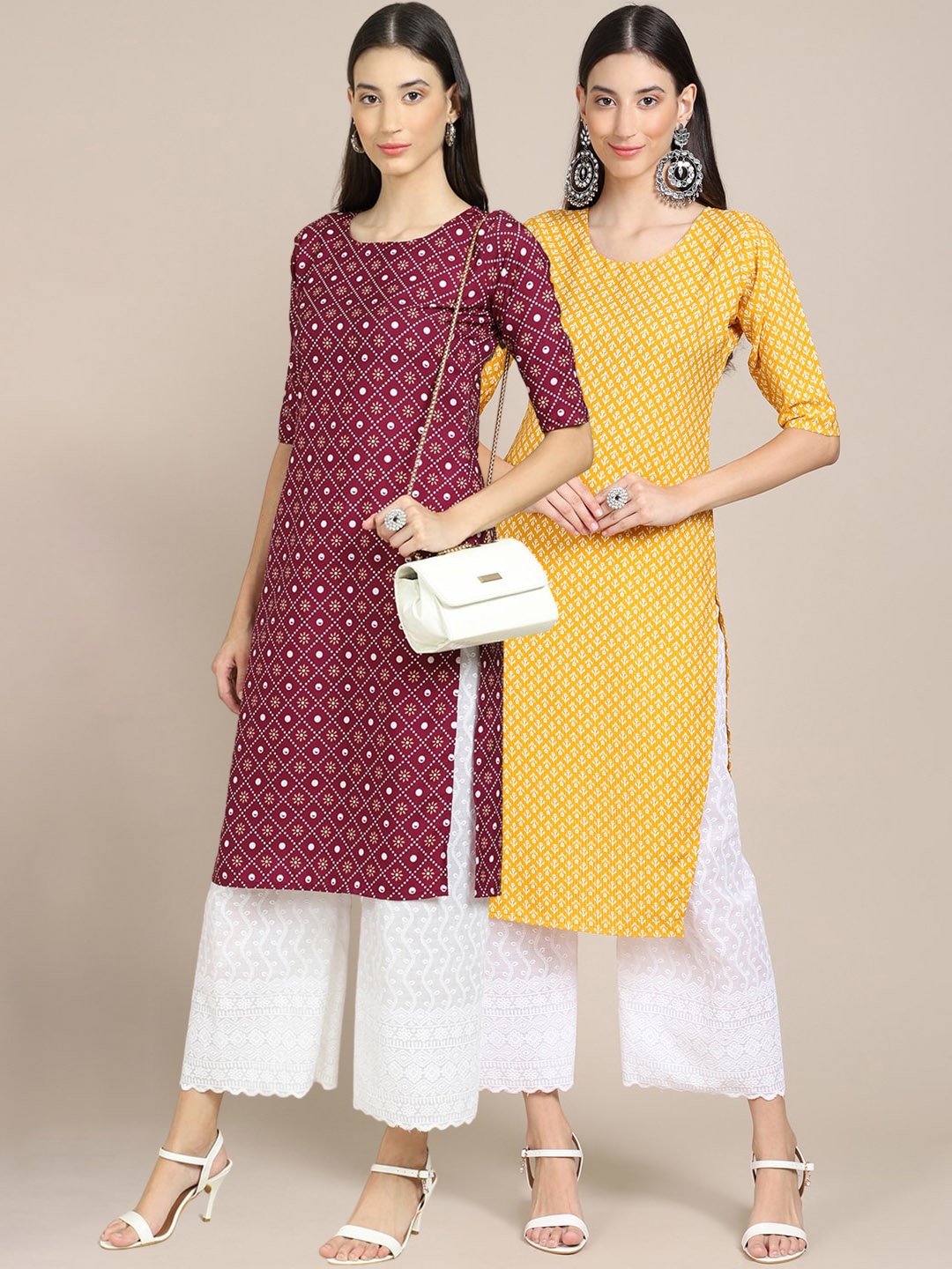 

7Threads Women Pack Of 2 Maroon & Yellow Ethnic Motifs Printed Crepe Kurta