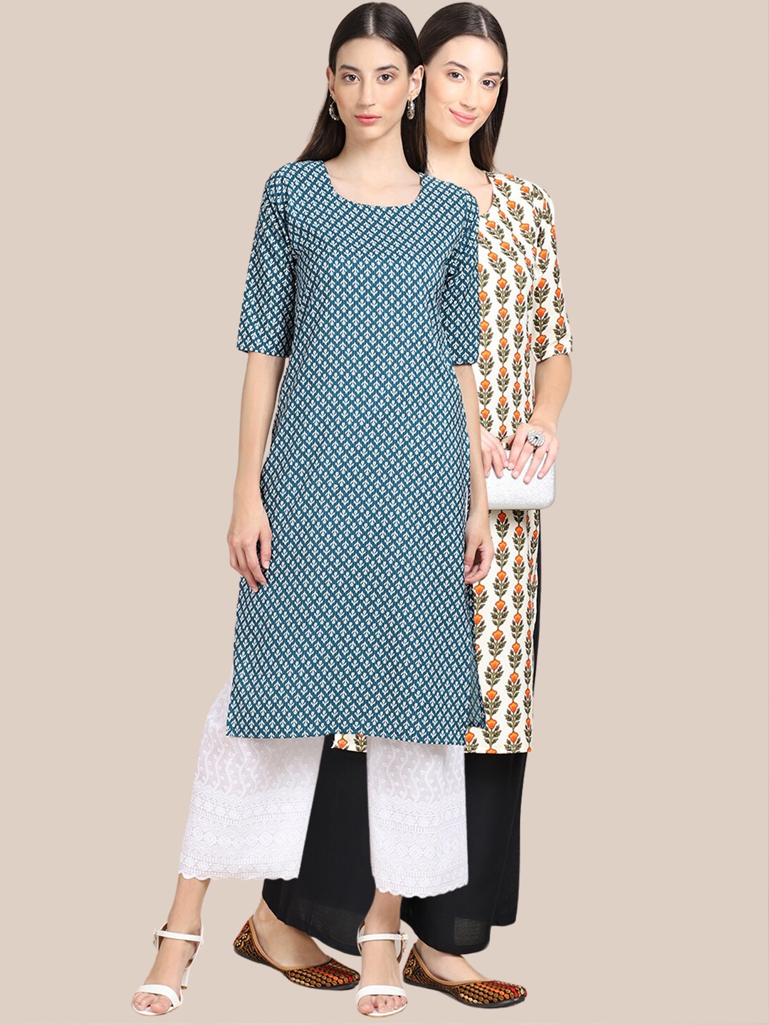 

7Threads Women Pack of 2 Printed Crepe Kurta, Beige