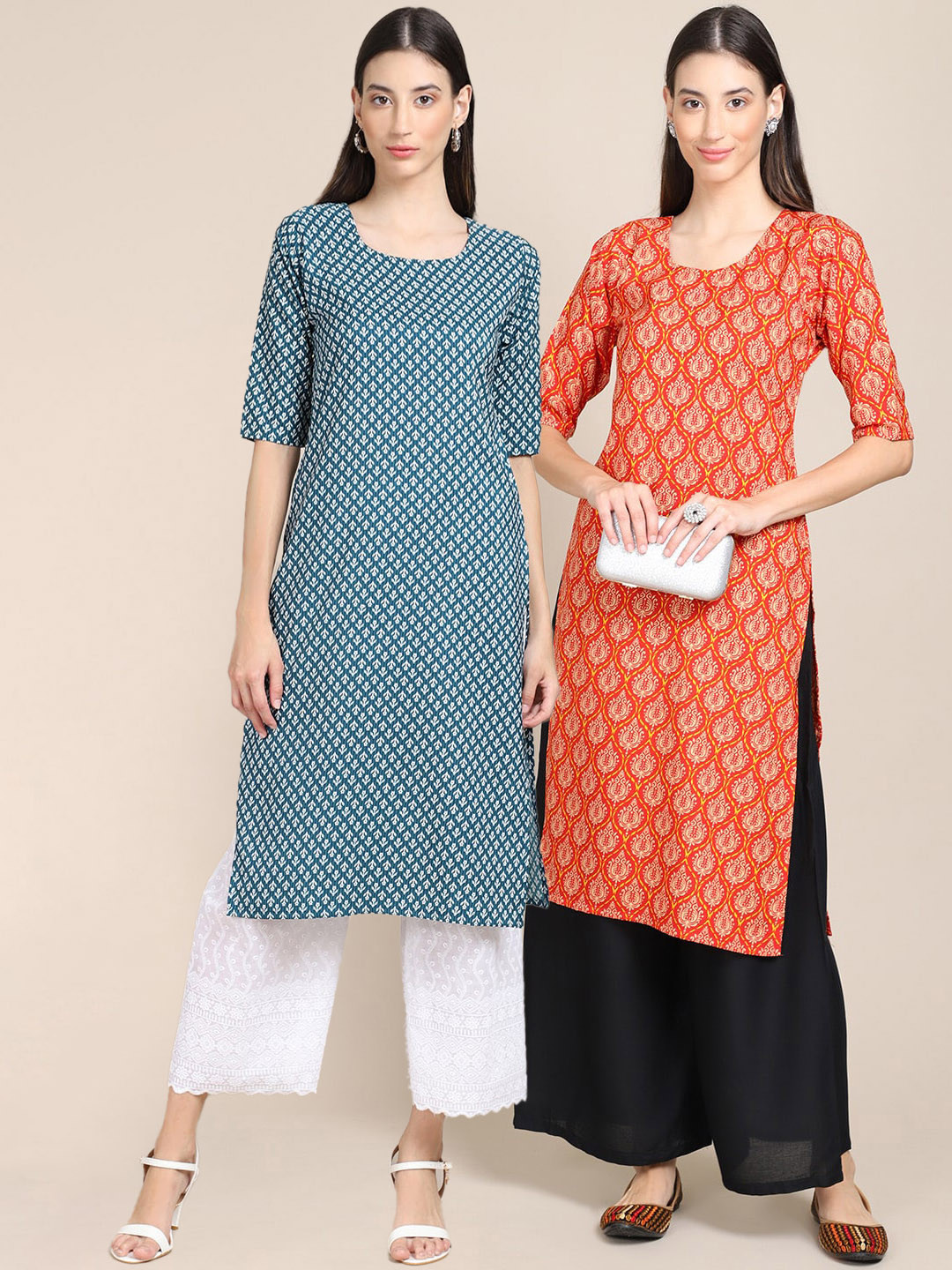 

7Threads Women Set Of 2 Teal Blue & Orange Ethnic Motifs Printed Crepe Kurta