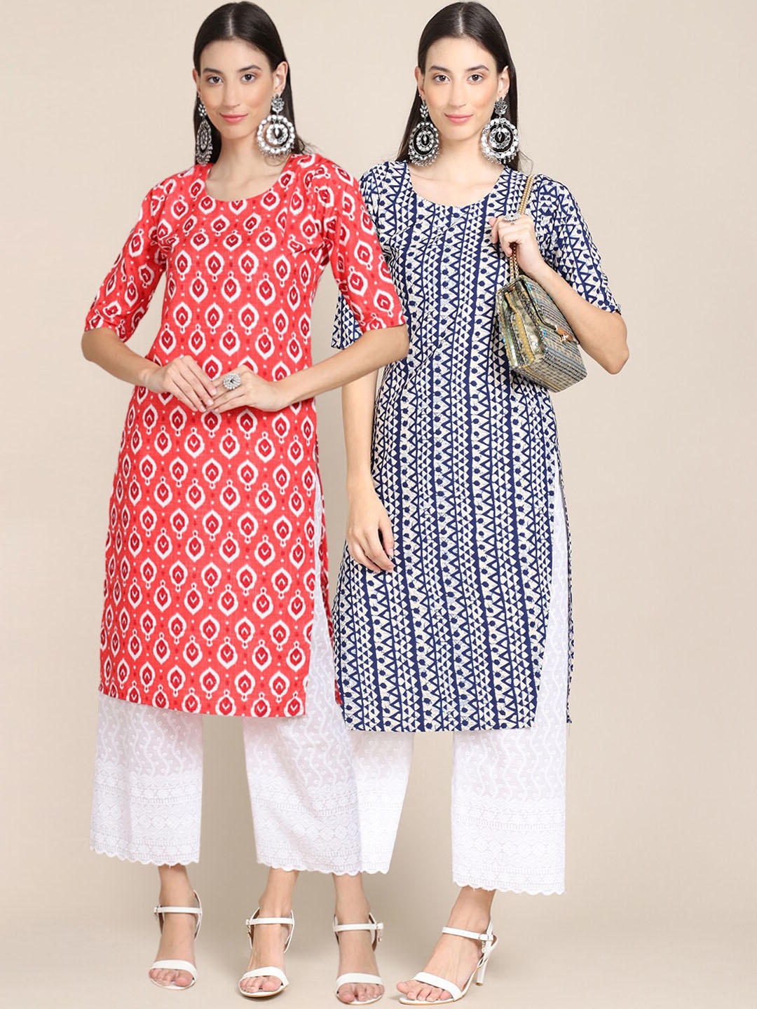 

7Threads Women Pack Of 2 Red & Blue Geometric Printed Crepe Kurta