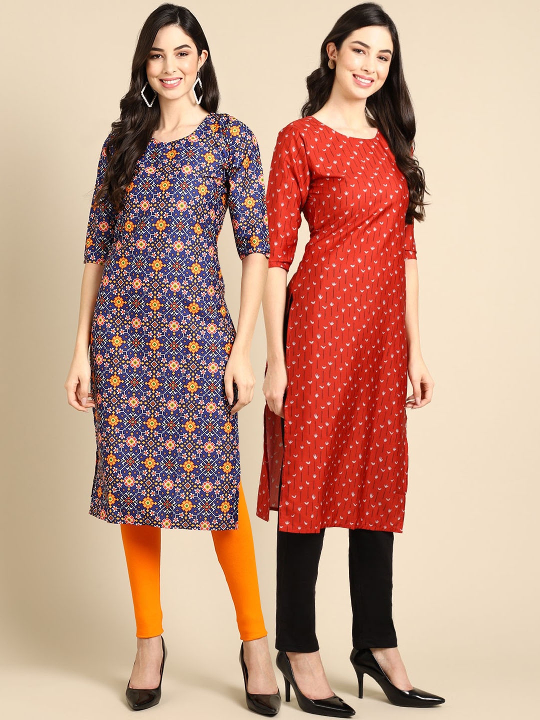 

7Threads Women Pack Of 2 Red & Blue Printed Crepe Kurta