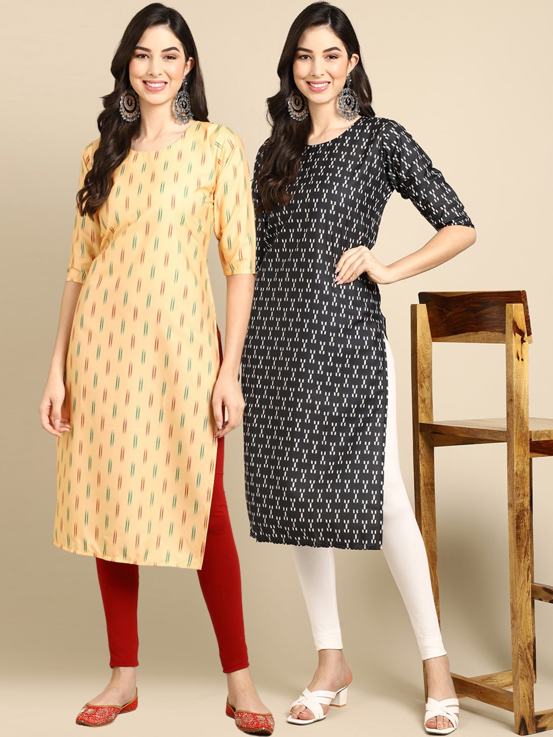 

7Threads Women Pack Of 2 Yellow & Black Ethnic Motifs Printed Crepe Kurta