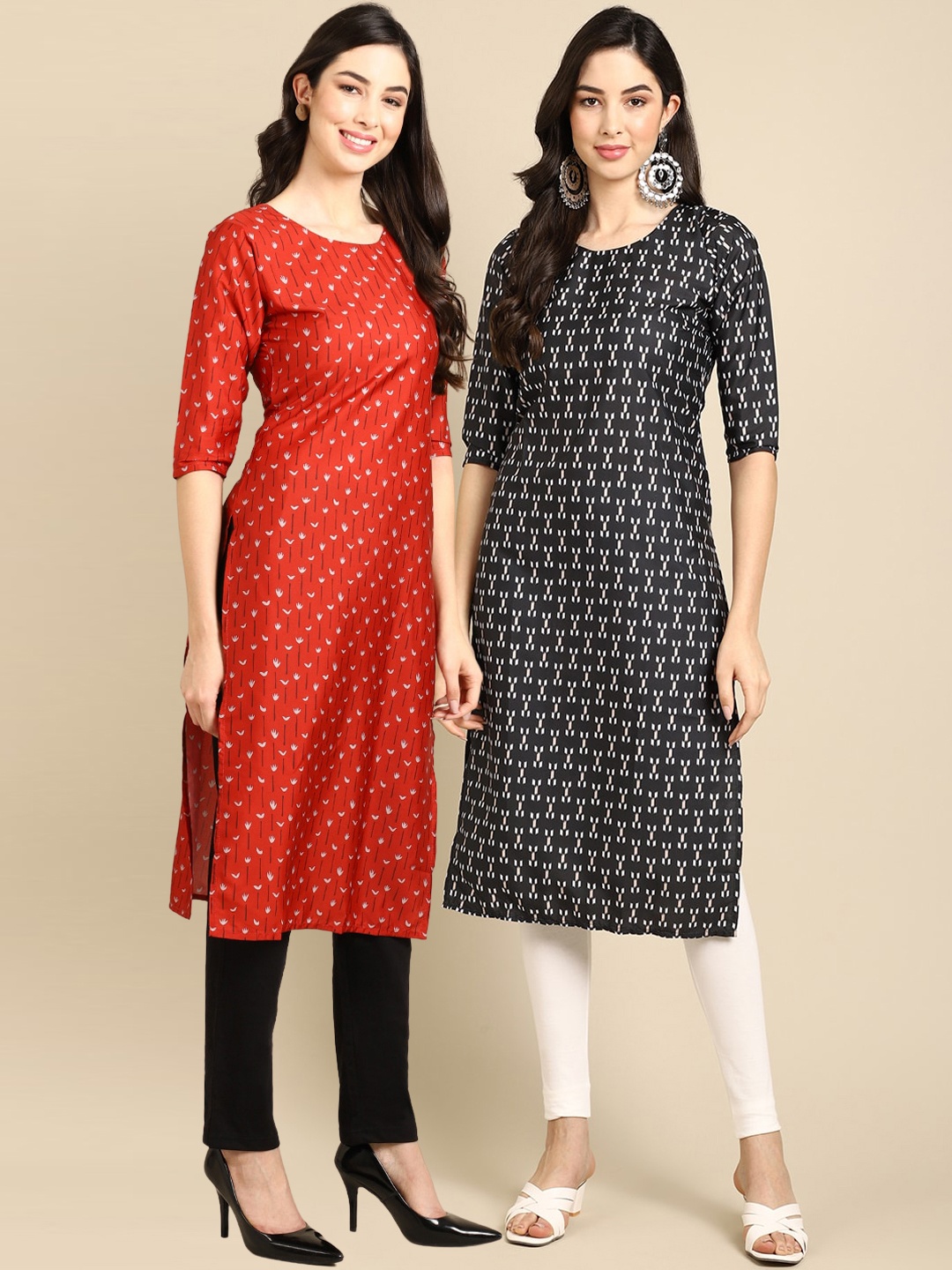 

7Threads Women Pack Of 2 Red & Black Geometric Printed Crepe Kurta