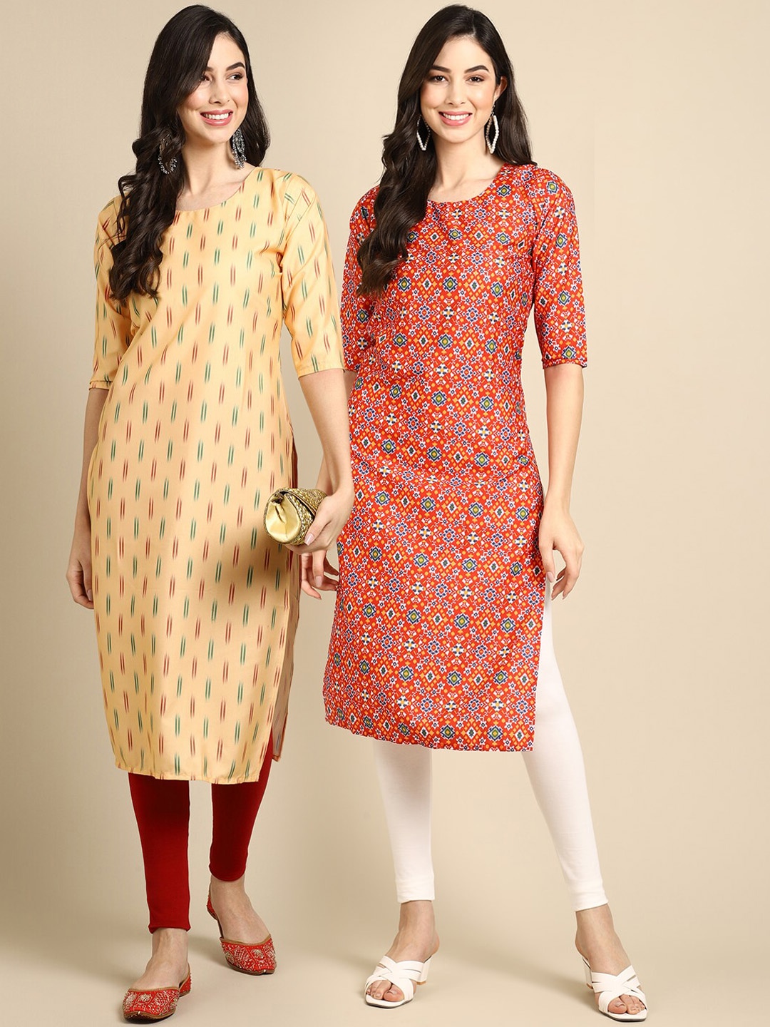 

7Threads Women Yellow & Red Pack Of 2 Geometric Printed Crepe Kurta