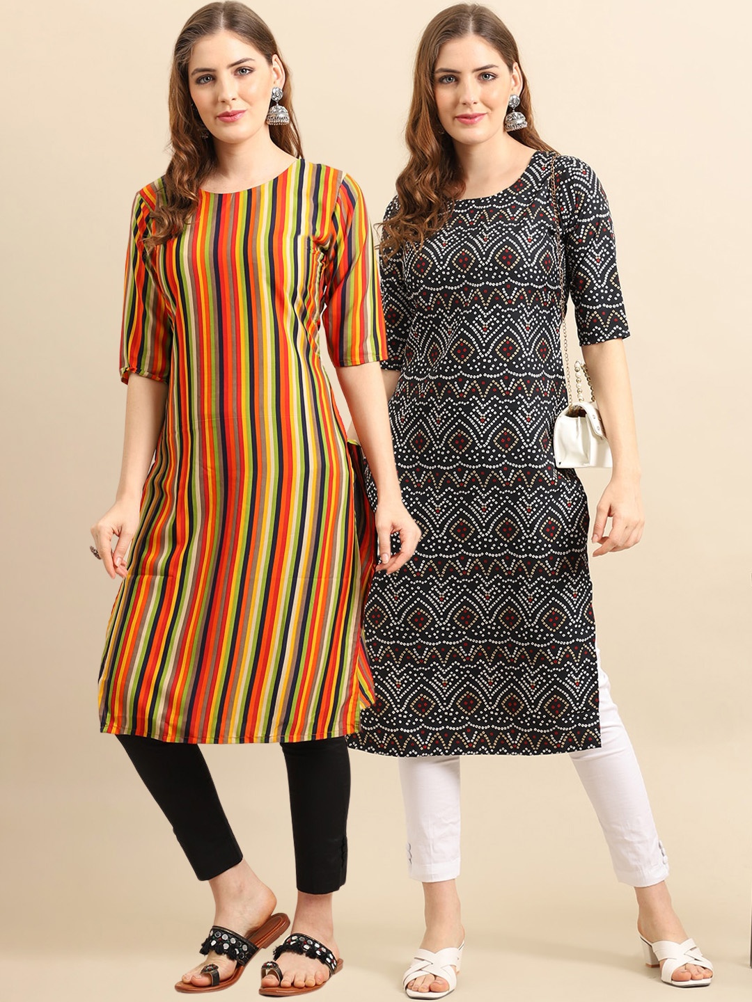 

7Threads Women Pack of 2 Yellow & Black Geometric Printed Handloom Crepe Kurta