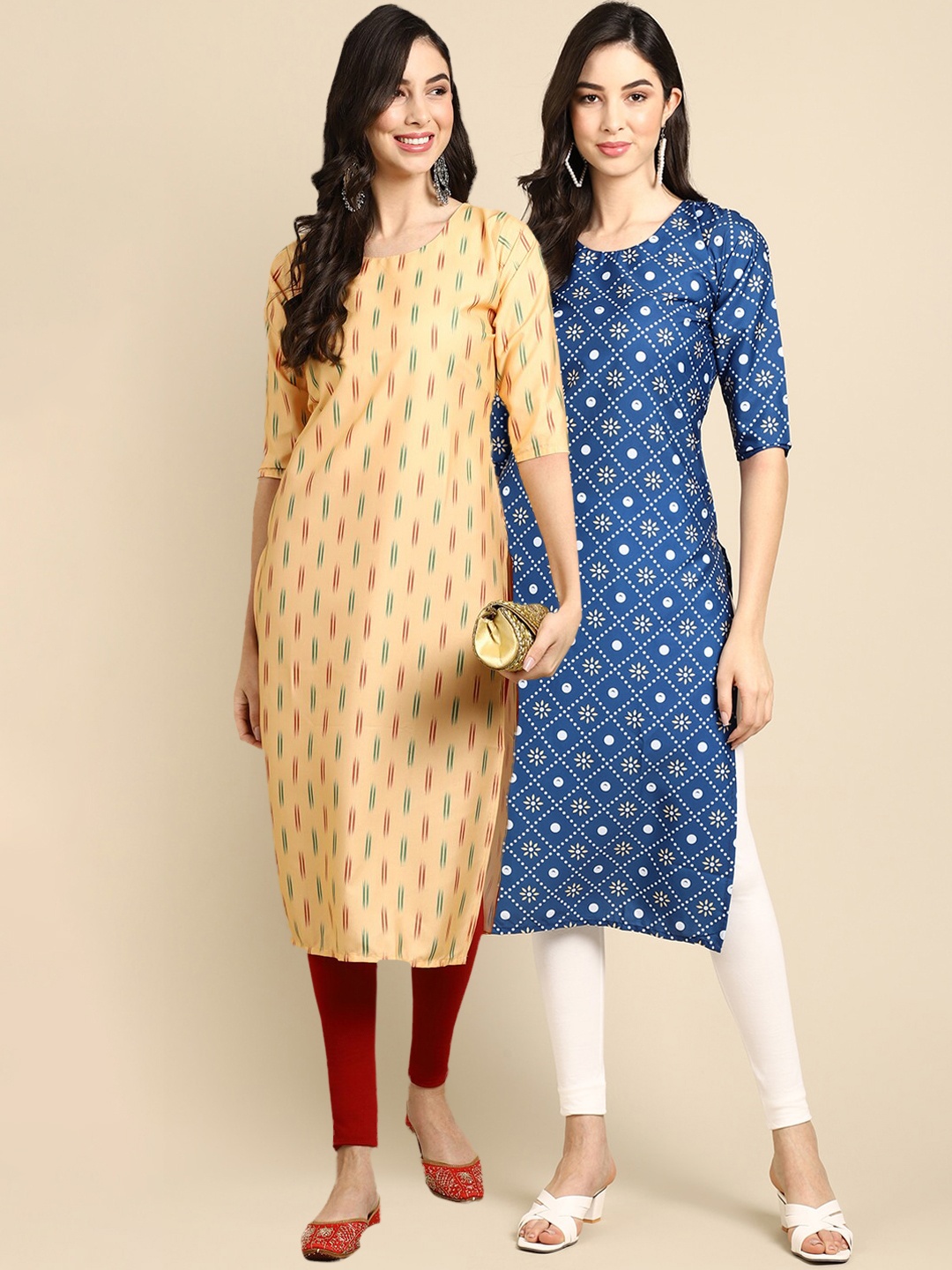 

7Threads Women Pack Of 2 Cream & Blue Geometric Printed Crepe Kurta