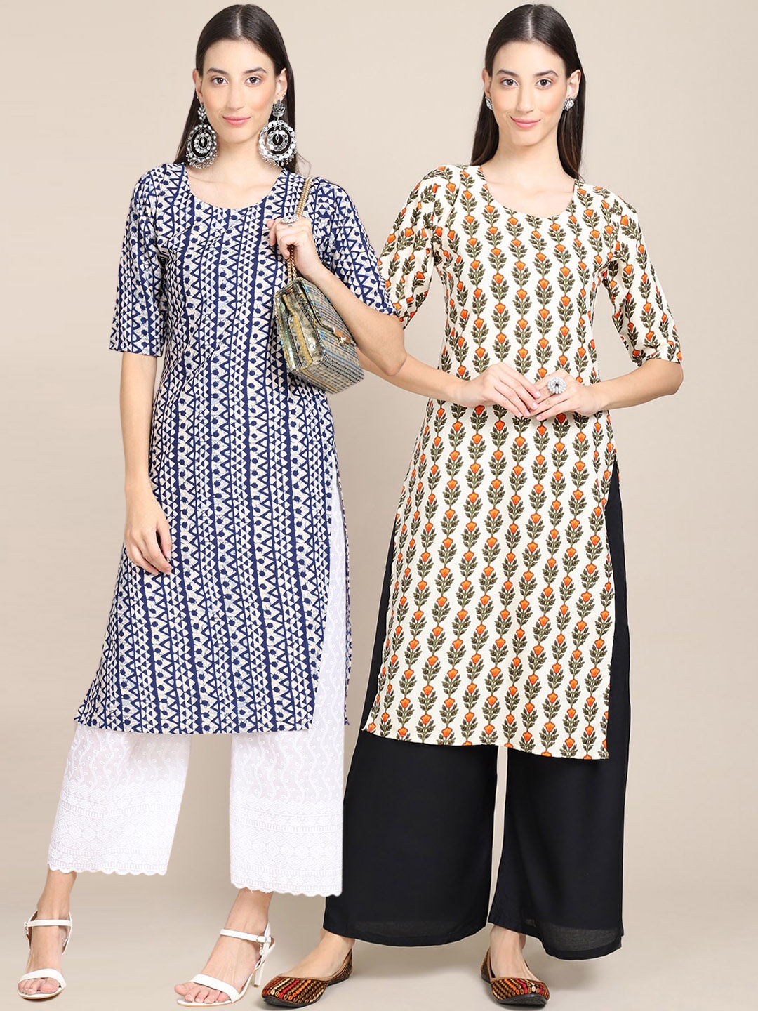 

KALINI Women Pack Of 2 Blue & Cream-Coloured Ethnic Motifs Printed Indigo Crepe Kurta