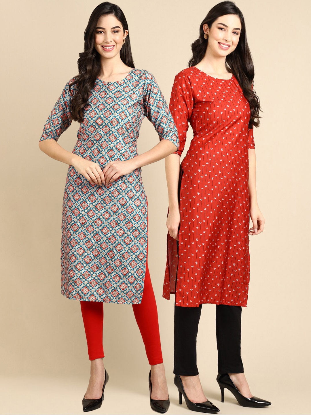 

7Threads Set of 2 Women Printed Block Print Handloom Crepe Straight Kurta, Blue